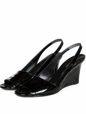 Jil Sander black patent leather sling back wedge heels